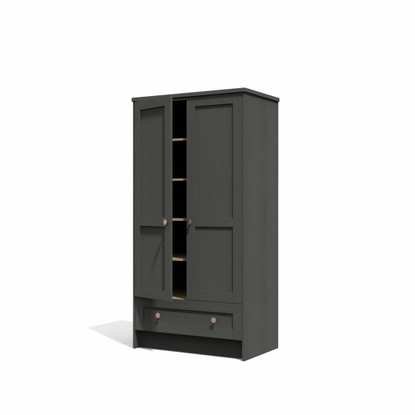 En garderobe med justerbare hyller, klesstativ og en skuff